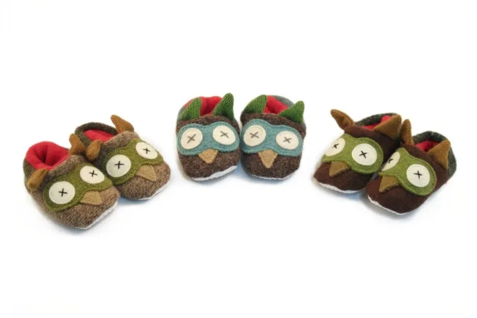 Reclaimed wool owl slippers for baby at Cate and Levi