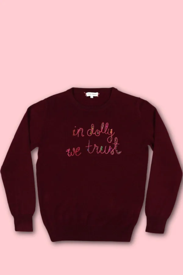 Dolly Parton gifts for Christmas: "In Dolly we trust" cashmere sweater hand-embroidered by Lingua Franca