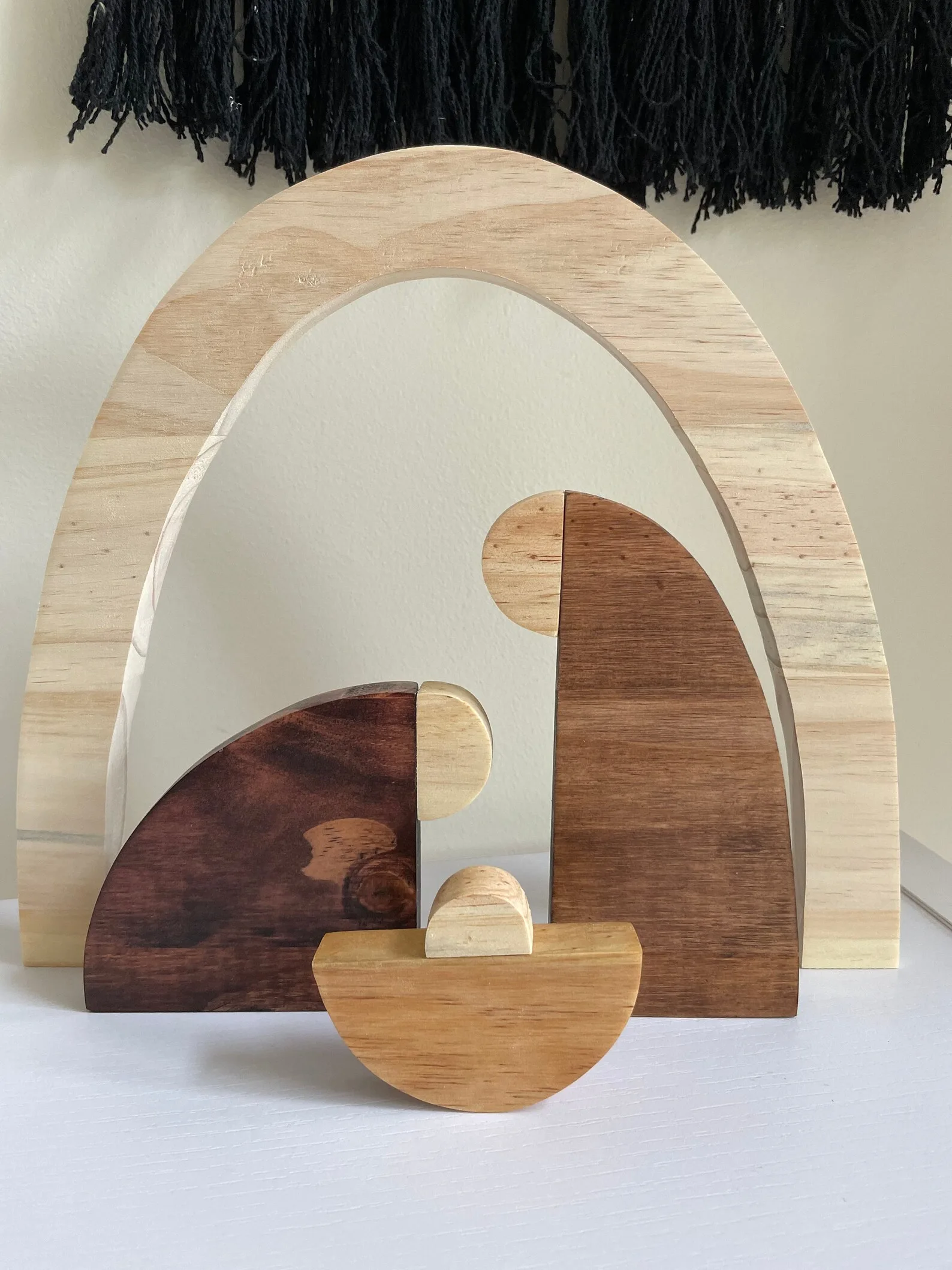 Modern, minimalist nativity in wood from Baynes World Designs.
