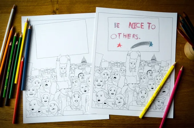 The We March coloring book includes blank pages so kids can fill in signs with the causes they care about