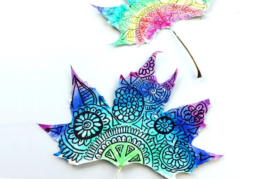 Creative kids crafts using fall leaves: Watercolor doodle leaves DIY from Color Made Happy