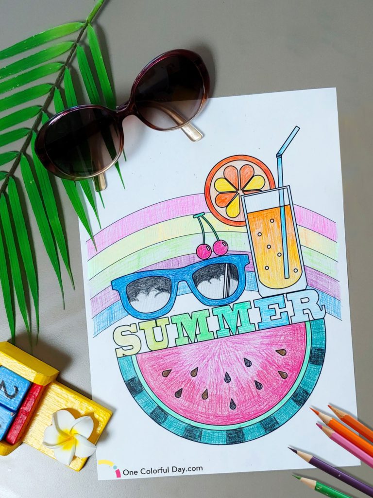 4 free printable coloring pages with summer themes from One Colorful Day