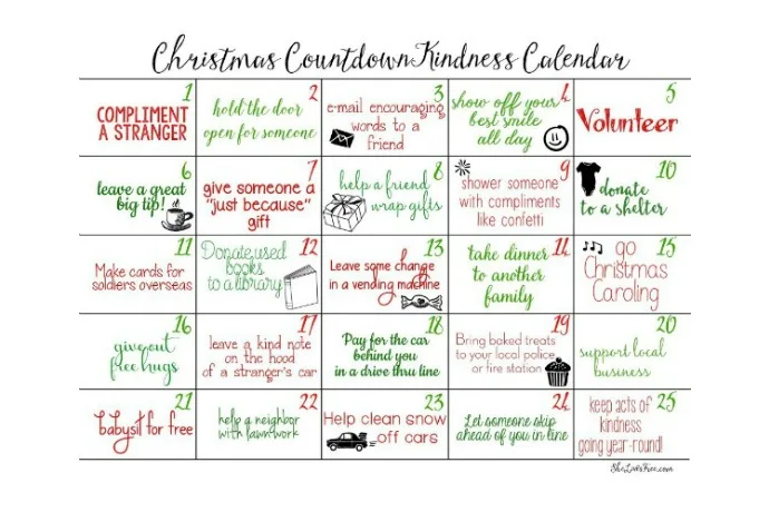 Free printable Christmas countdown calendar featuring random acts of kindness