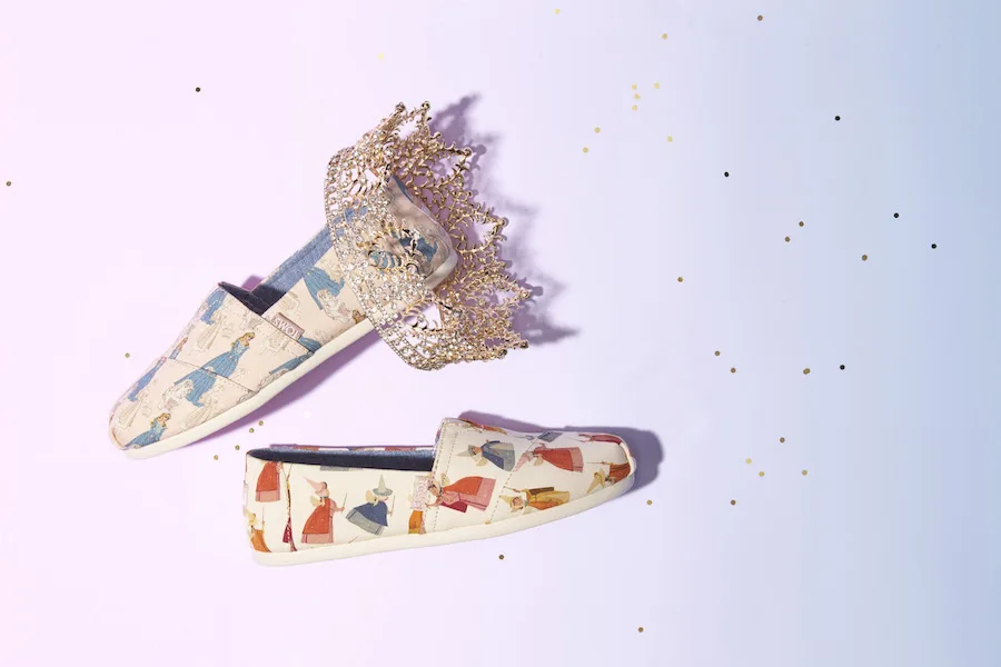 The new TOMS x Disney shoe collection features vintage illustrations from movies like Sleeping Beauty.