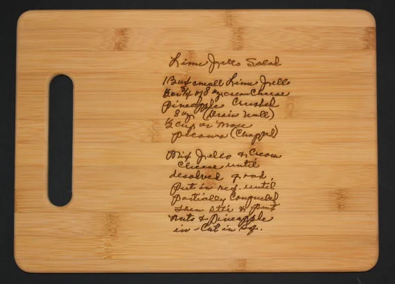 Custom engraved cutting board with a family recipe