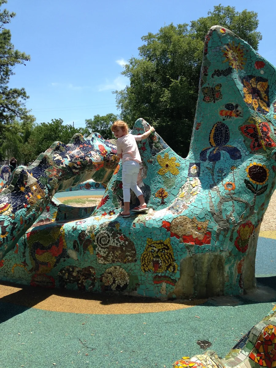 Things to do in Nashville with kids: Visit Fanny Mae Dees park to play on the mosaic dragons