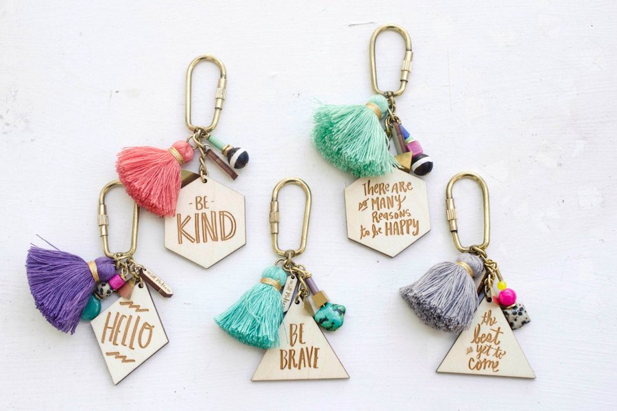 Hand-painted inspirational quote key chain pairs to decorate backpacks for back-to-school | JillMakes on Etsy