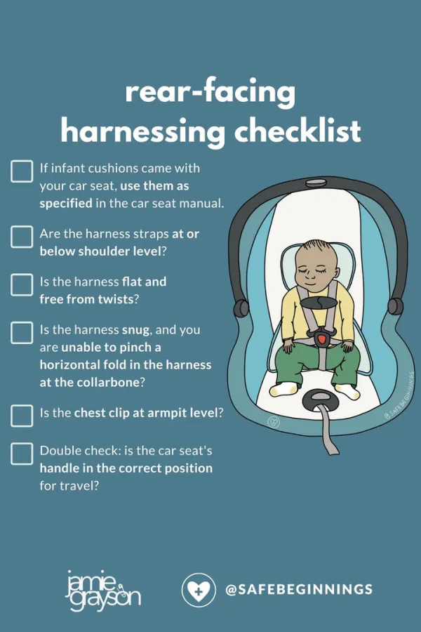 Forward facing harnessing checklist for car seat safety via Jamie Grayson + Safe Beginnings
