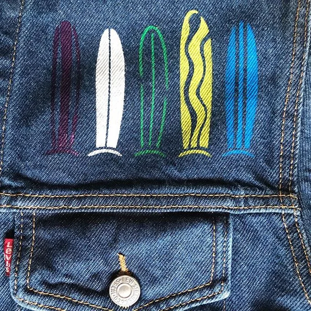 Stencil 1 denim customization idea: A line of surfboards over a pocket