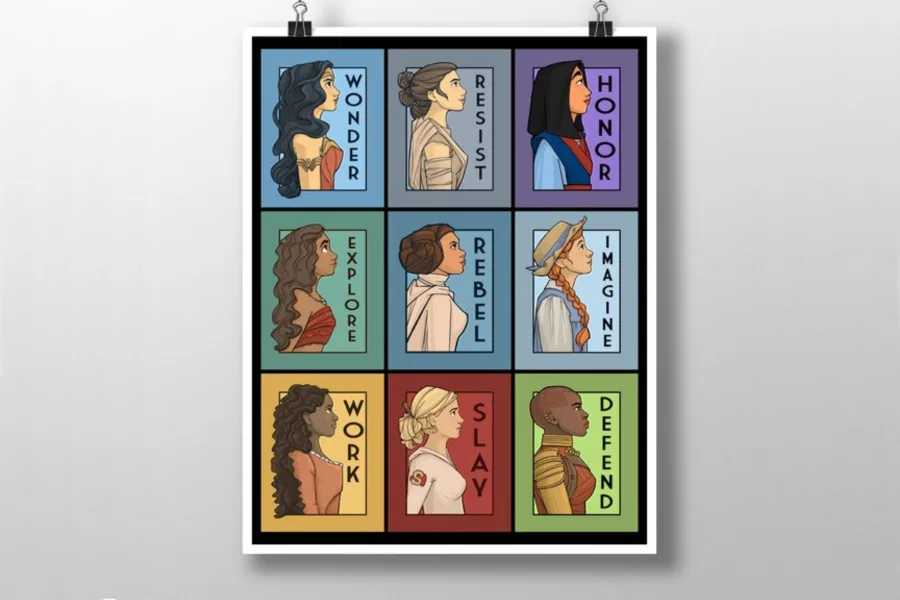 We love Karen Hallion's collage poster tribute to some of our favorite self-saving heroines: Okoye, Rey, Angelica Schuyler, Anne of Green Gables and more