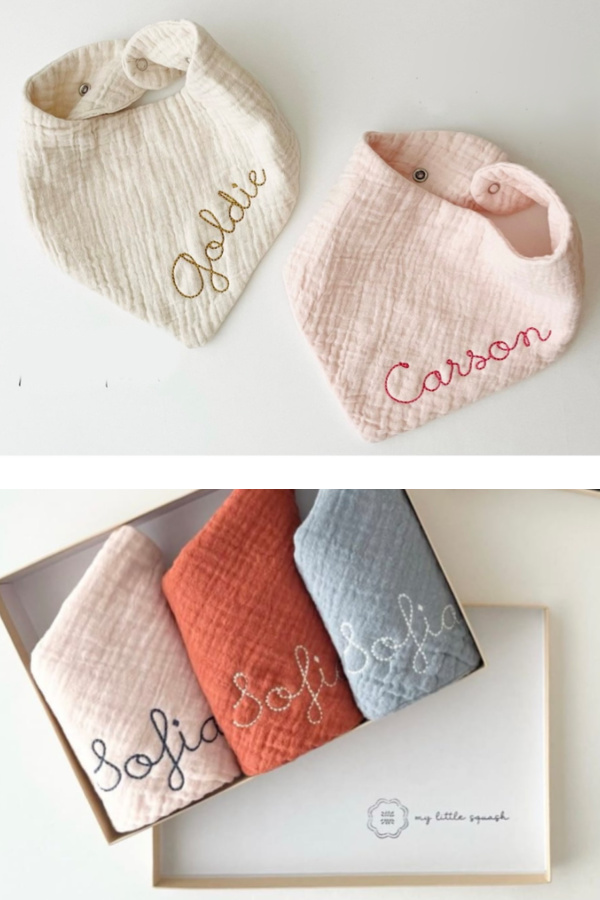 Best baby gifts under $15: Personalized name baby bandana bib from My Little Squash