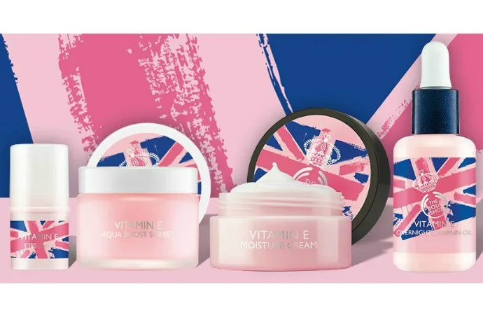 Queen for a Day Vitamin E skincare products at the Body Shop: Limited edition packaging for Mother's Day
