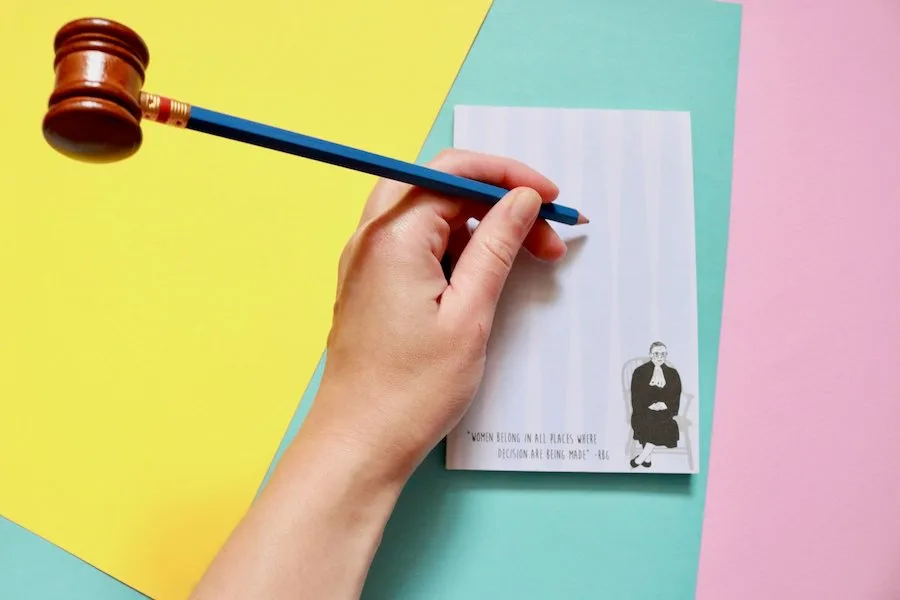 Feminist gifts for activist friends: RBG notepad and gavel from The Card Bureau