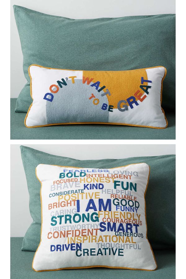 Don't Wait to be Great confidence pillows from Crate & Kids support Project I Am's mission.