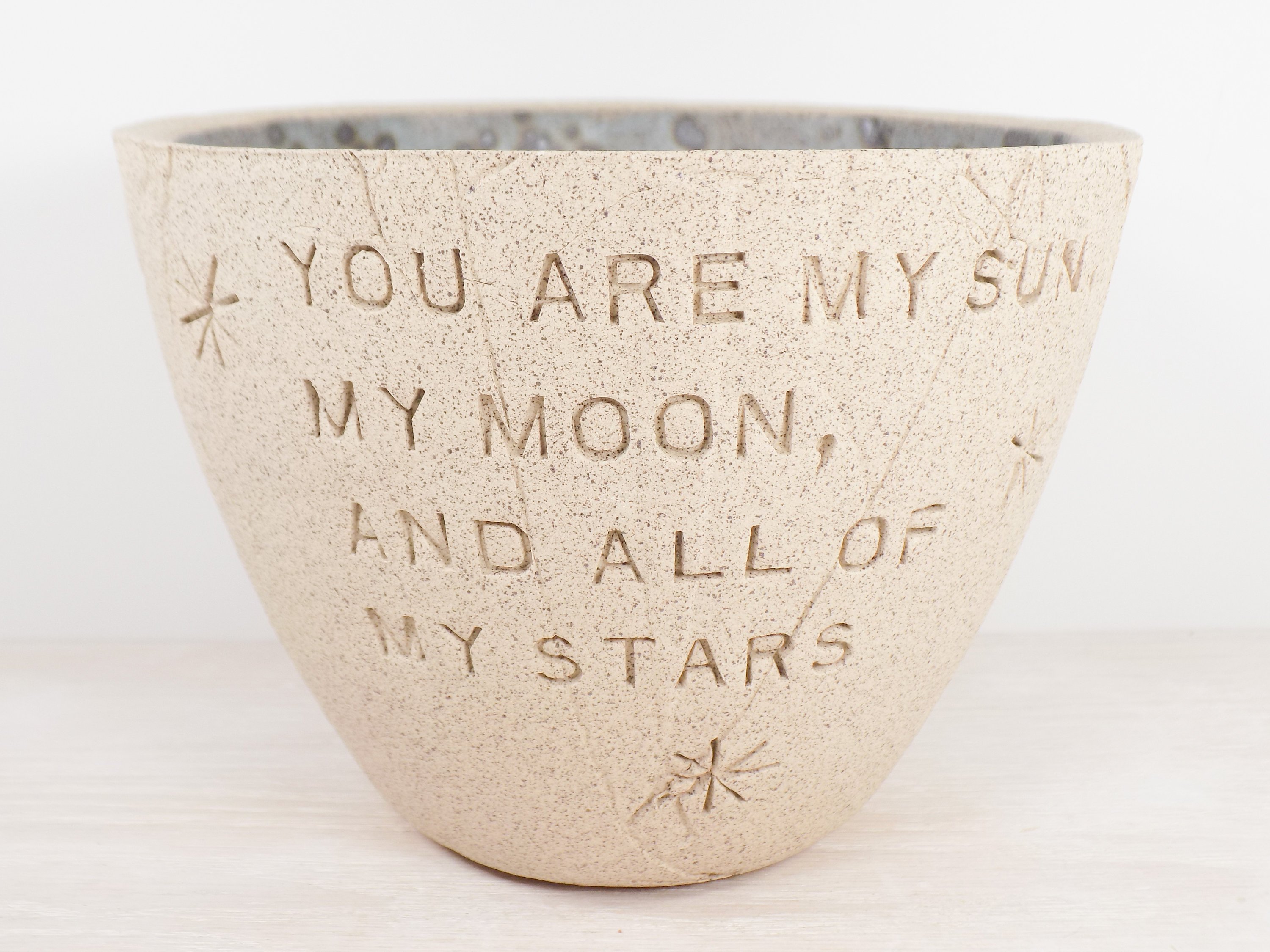 Creative personalized gifts: Custom pottery bowls with poetry lines, sayings, or names at Braidwood Pottery