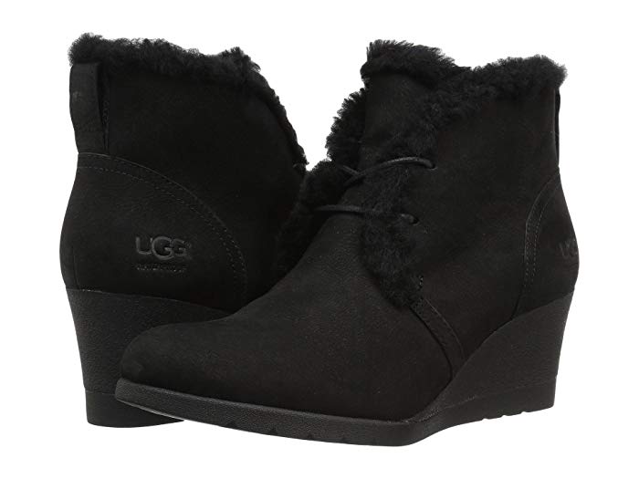 On trend: fur trim booties like UGG Jeovana Wedge Heeled Booties in brown and black