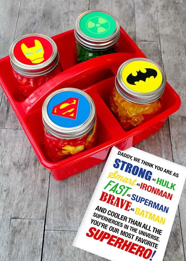 Free printable Superhero labels and card for Father's Day from Sandy Toes and Popsicles