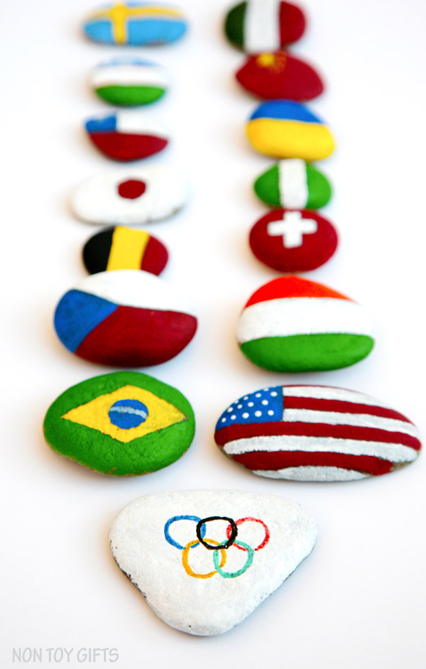 Olympics crafts for kids: Painted rocks at Non-Toy Gifts