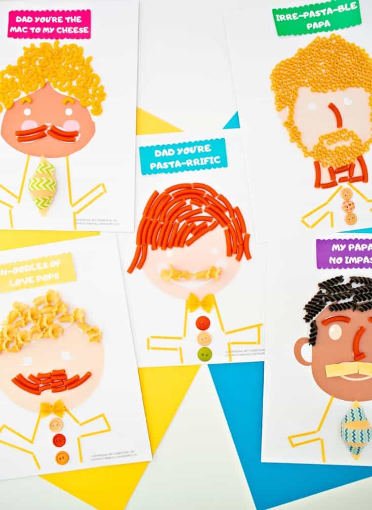 Homemade Father's Day cards from the kids: Pasta portraits of dad, with DIY instructions and printables from Hello Wonderful.l