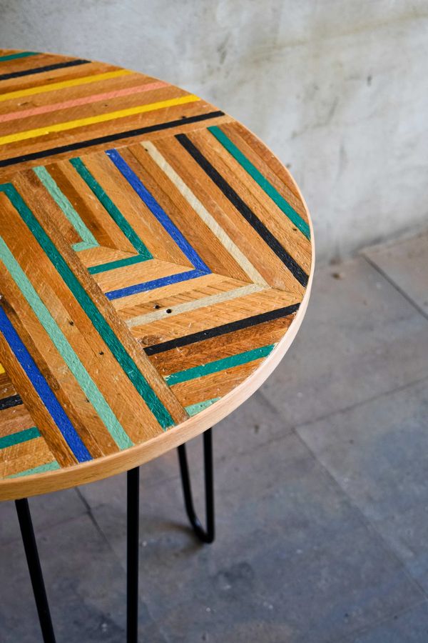 Round Reclaimed Lath Side Table with hairpin legs