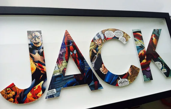 Custom superhero gift for dad: Comic book letters from Spotted Flats
