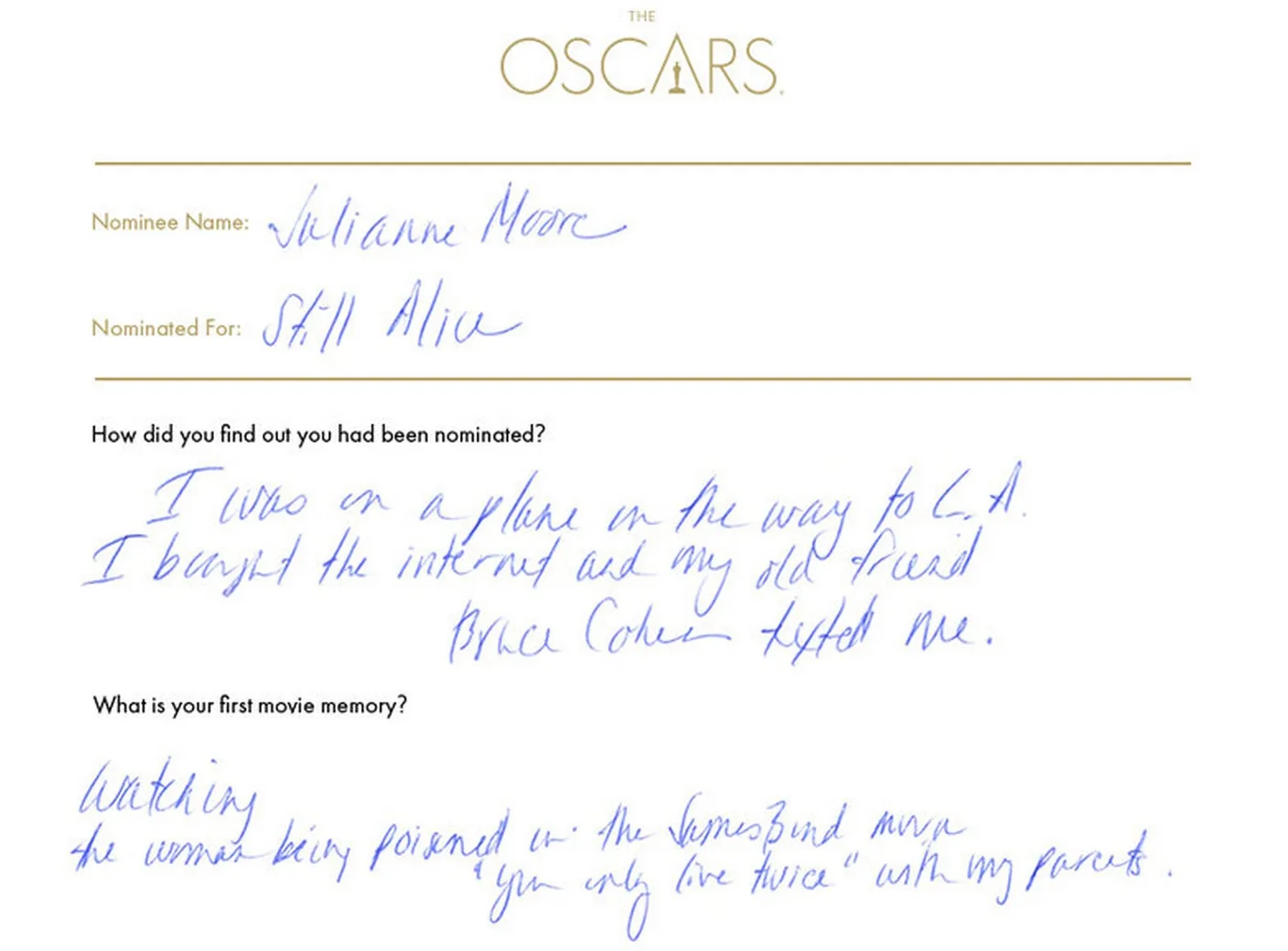 Julianne Moore Oscars questionnaire