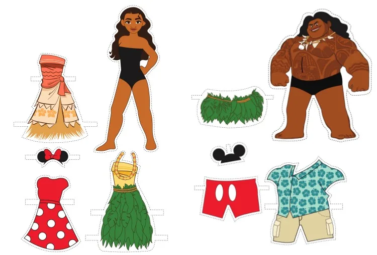 Free printable paper dolls: Moana and Maui Paper Dolls by Costumed Discounters