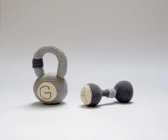 Crocheted baby toys -monogrammed dumbell rattle at YarnBall at Etsy