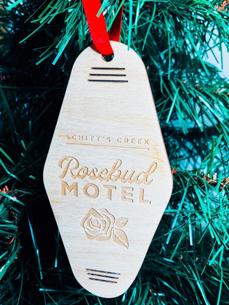Funny 2020 ornaments: Rosebud Motel keychain ornaments from Schitt's Creek at LT Co Designs