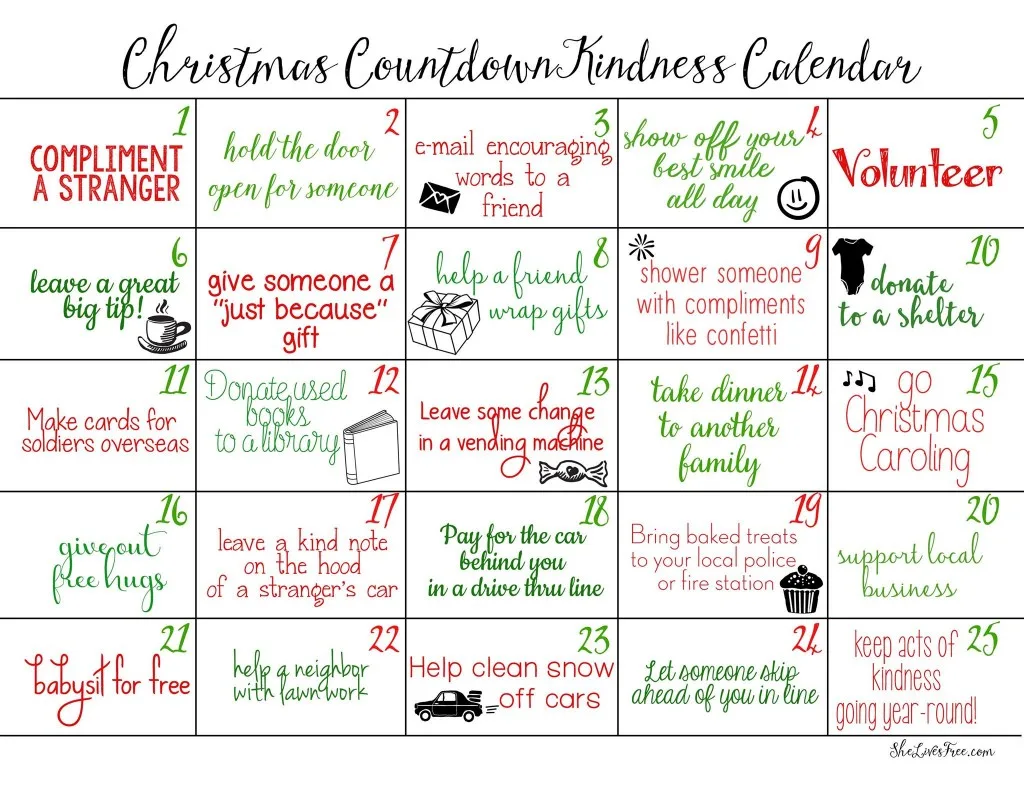 Free printable Christmas countdown calendar featuring random acts of kindness
