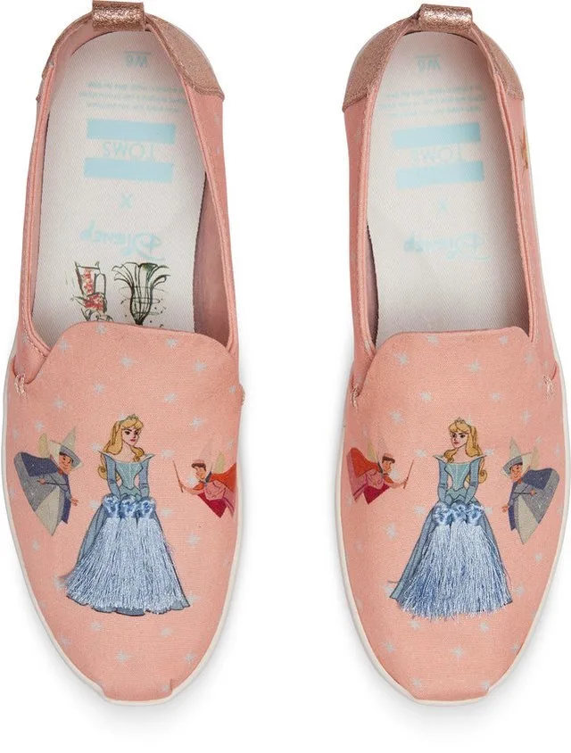 The new TOMS x Disney collection features character sketches of Cinderella, Sleeping Beauty, and Snow White.