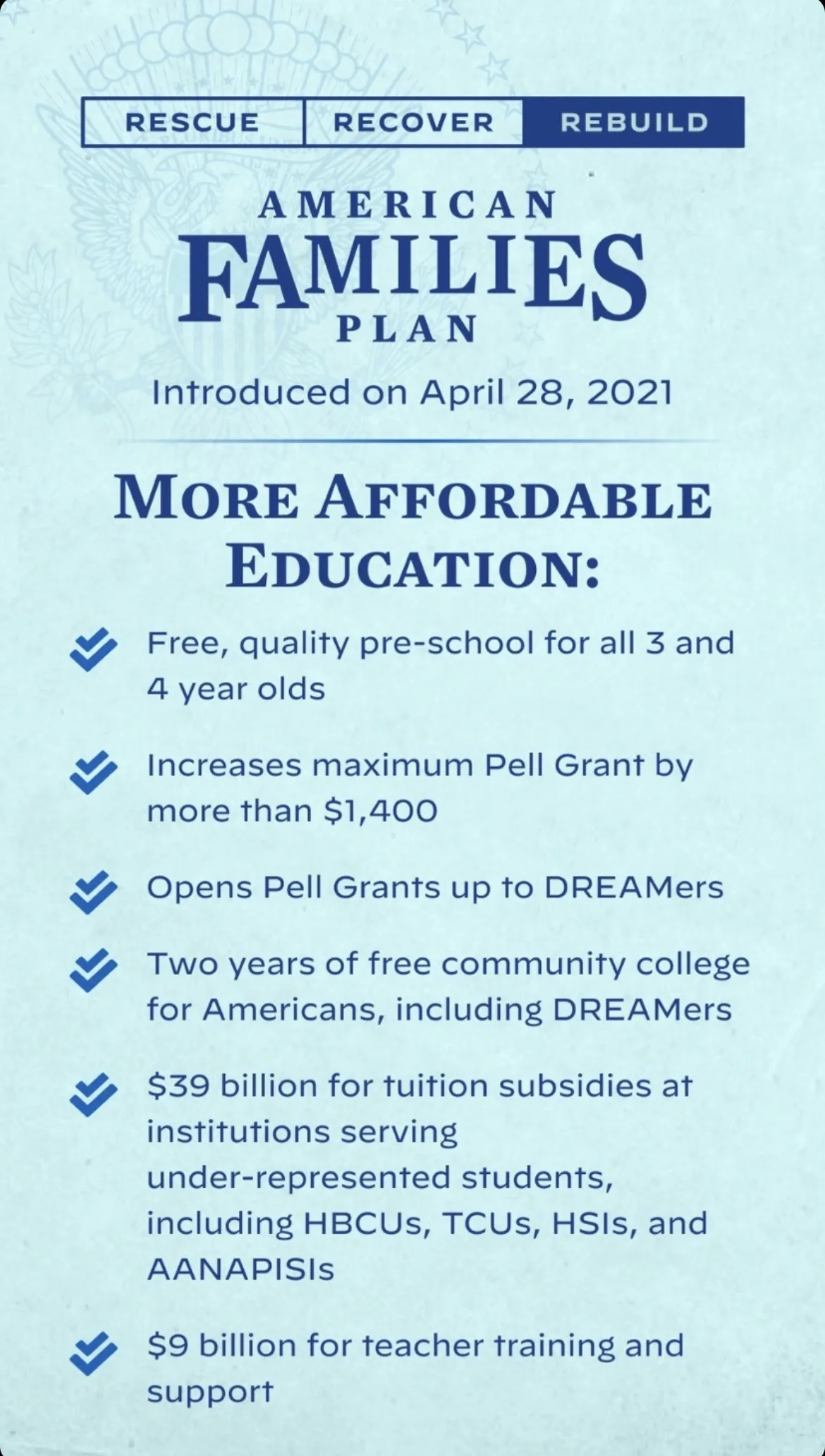 What's in the American families plan: Educational plans from pre-k through community college