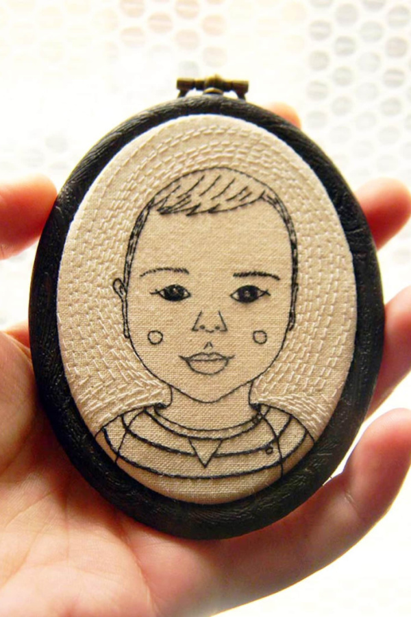 Custom embroidered-family portrait art byPolykatoikia: Individually or the whole family each hung together