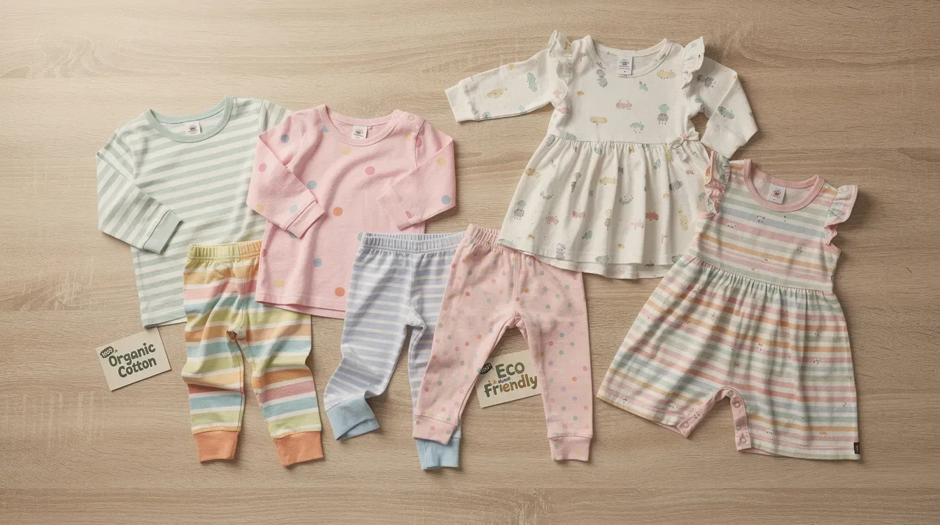 A vibrant assortment of colorful organic cotton children's clothing is neatly arranged on a wooden surface, showcasing adorable prints and soft fabrics ideal for sensitive skin. This collection includes everyday staples and special occasion outfits, perfect for little ones and designed by top children's clothing brands like Hanna Andersson.