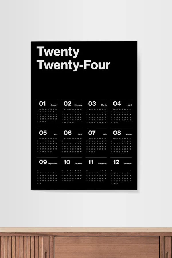 Minimalist 2024 printable wall calendar in Black from Monthly Design on Etsy