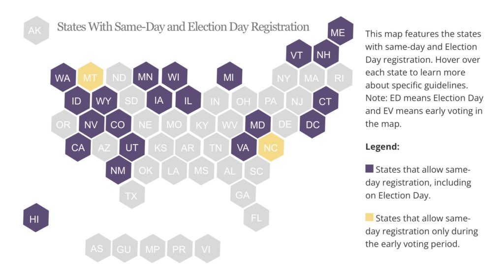 States offering same day voter registration, via NCSL