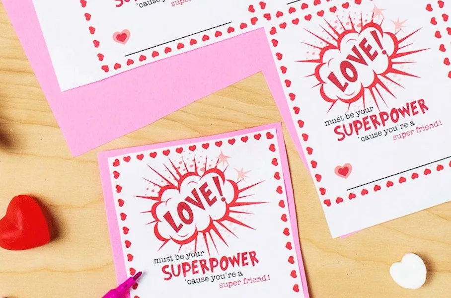 Free printable "Love is a Superpower" Valentines from Free to be Kids, also available as color-your-own Valentines