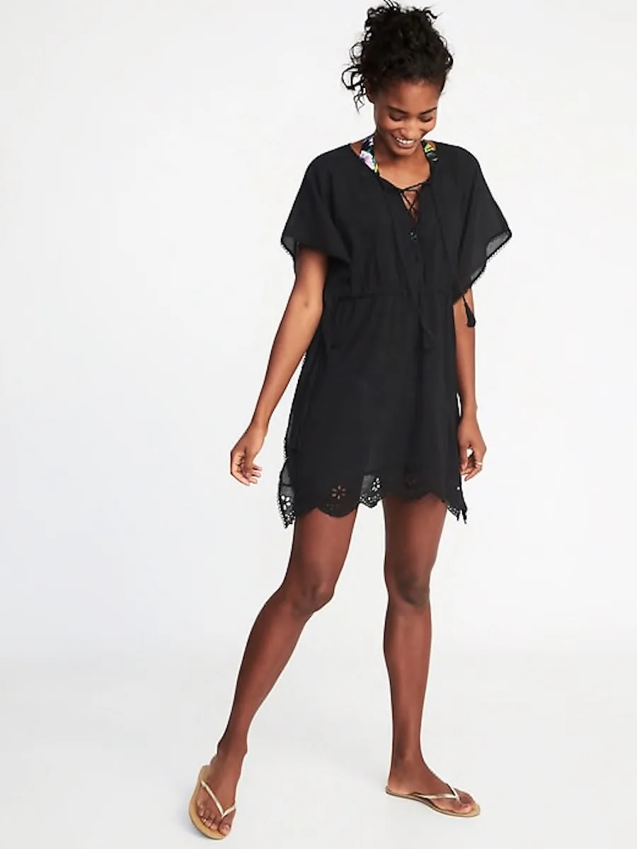 Cool pool coverups for moms: Embroidered gauze caftan at Old Navy