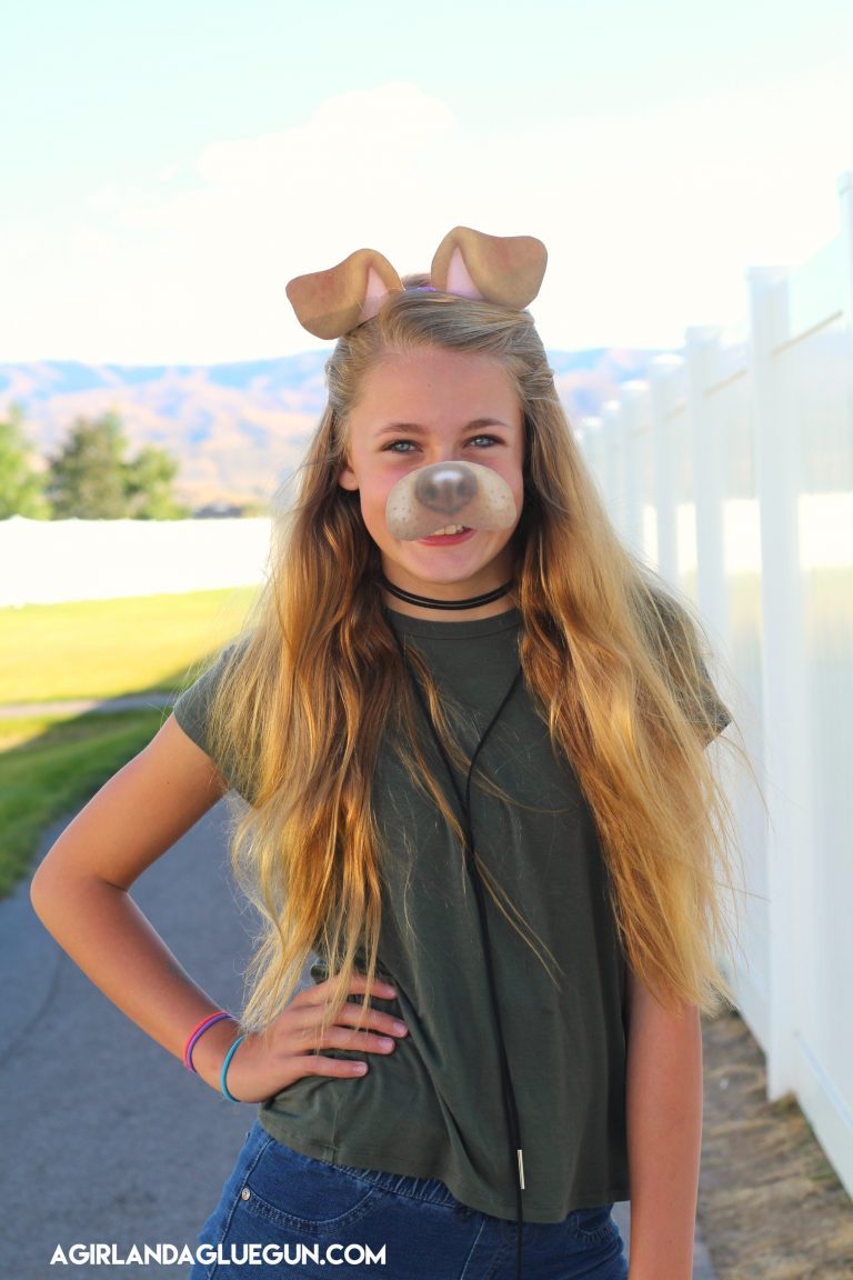 Last-minute Halloween costumes for moms: Snapchat filter at A Girl and a Glue Gun