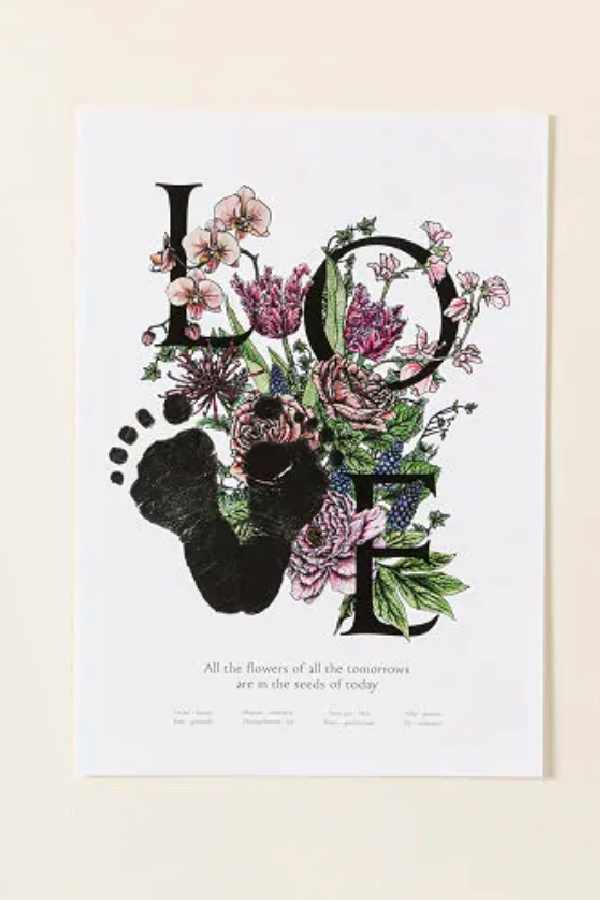 Personalized baby gifts: Baby footprint floral art kit -- you fill in the V to make LOVE