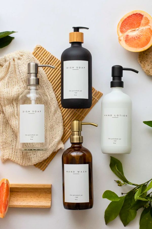Glass Bottle | Amber or Clear Bottle Soap Dispenser | Hand Wash:Dish Soap:Hand Lotion | Signature Collection | Metal Pump | Gift | Bathroom
