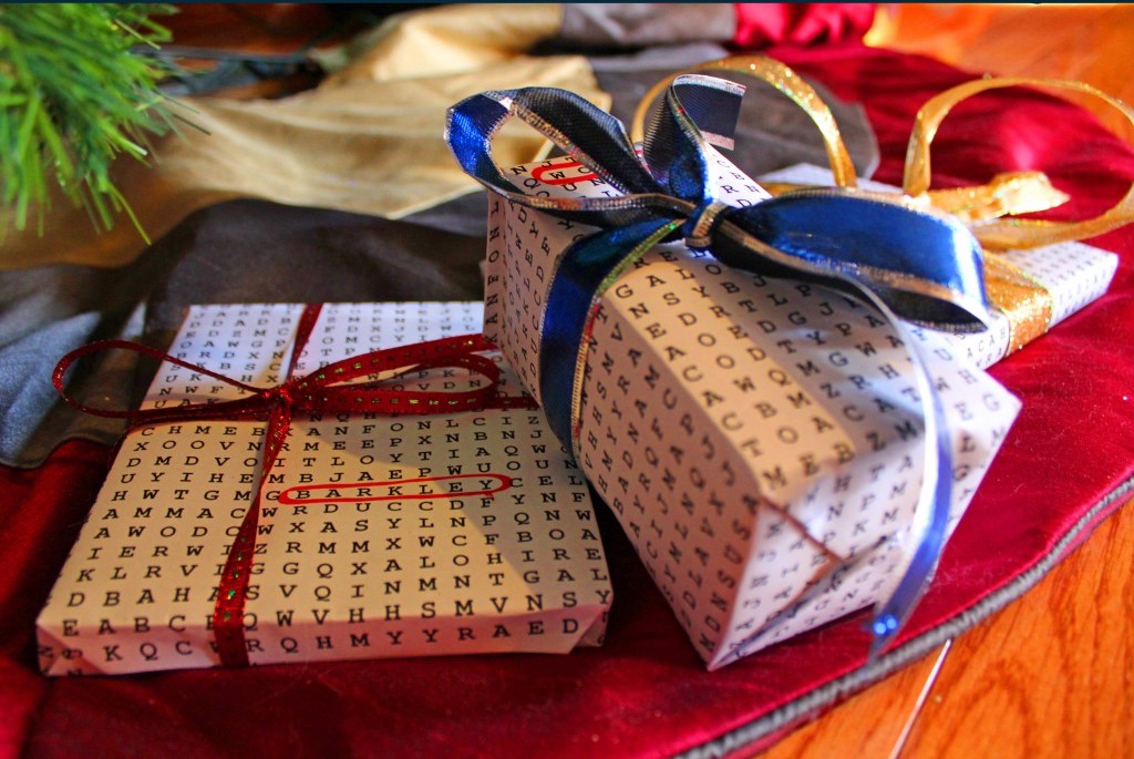 DIY word search gift wrap idea from Grasping for Objectivity