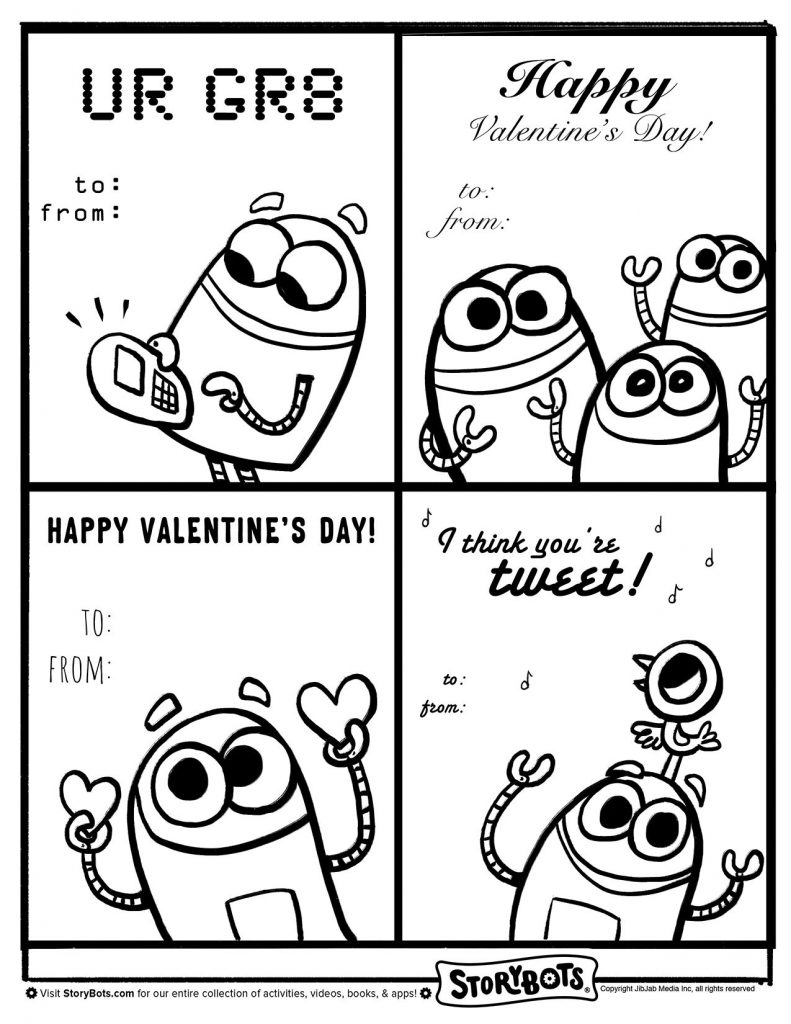 Free printable color-your-own Valentines from app developer storybots, with a STEM theme