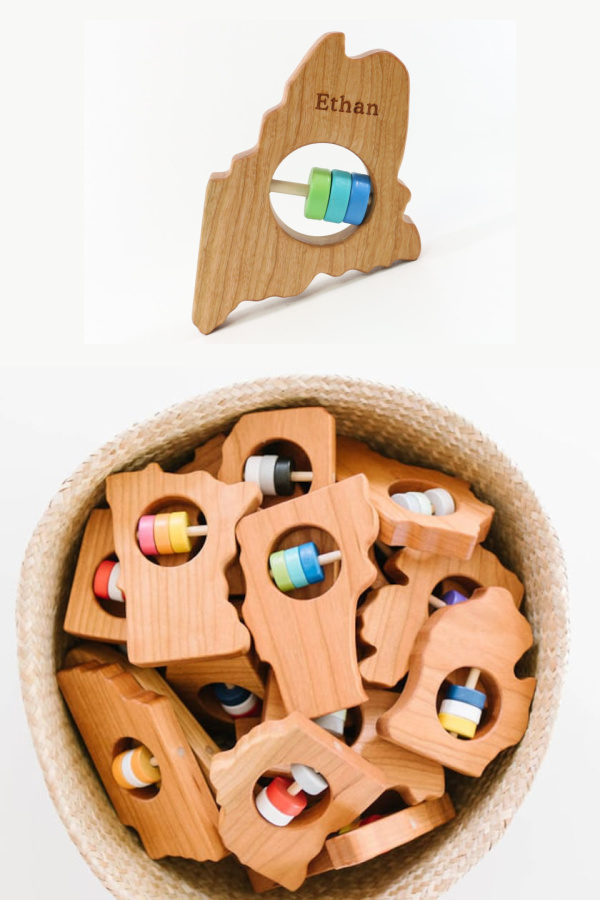 Best personalized baby gifts: Personalized wooden state rattles from Bannor Toys