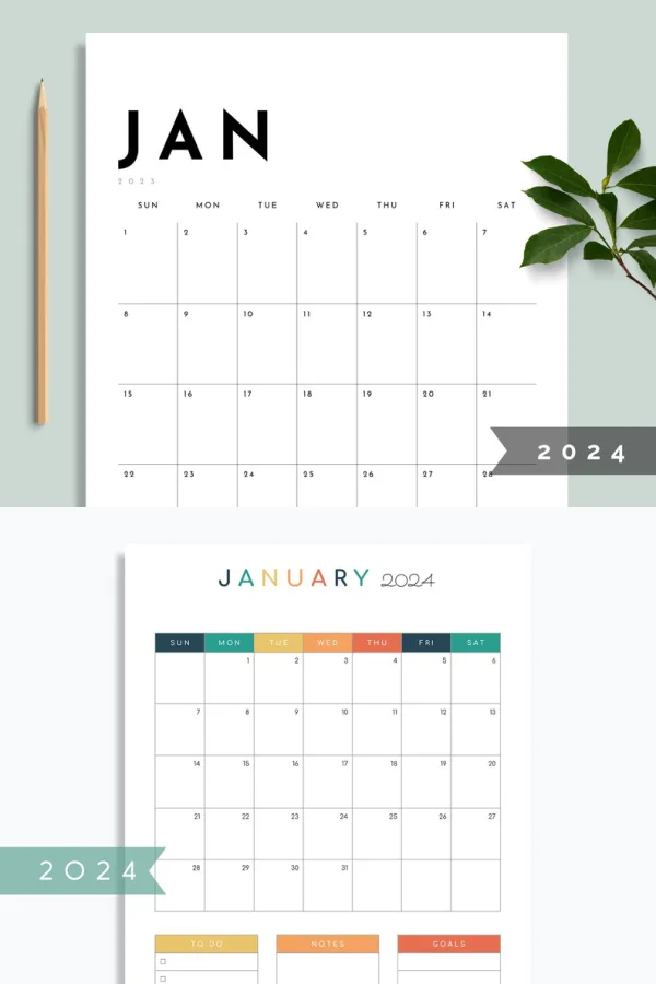 Modern, colorful 2024 printable monthly calendar pages from Pixel Blossom Co