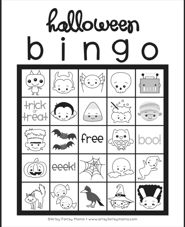 Halloween bingo coloring page and craft for little kids