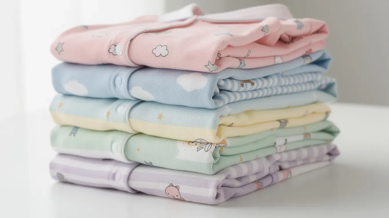 A stack of folded soft children's pajamas in various colors, made from organic cotton, showcasing adorable prints perfect for little ones. These super soft pajamas are ideal for everyday wear and are suitable for sensitive skin, making them a great choice for parents seeking quality baby clothes.