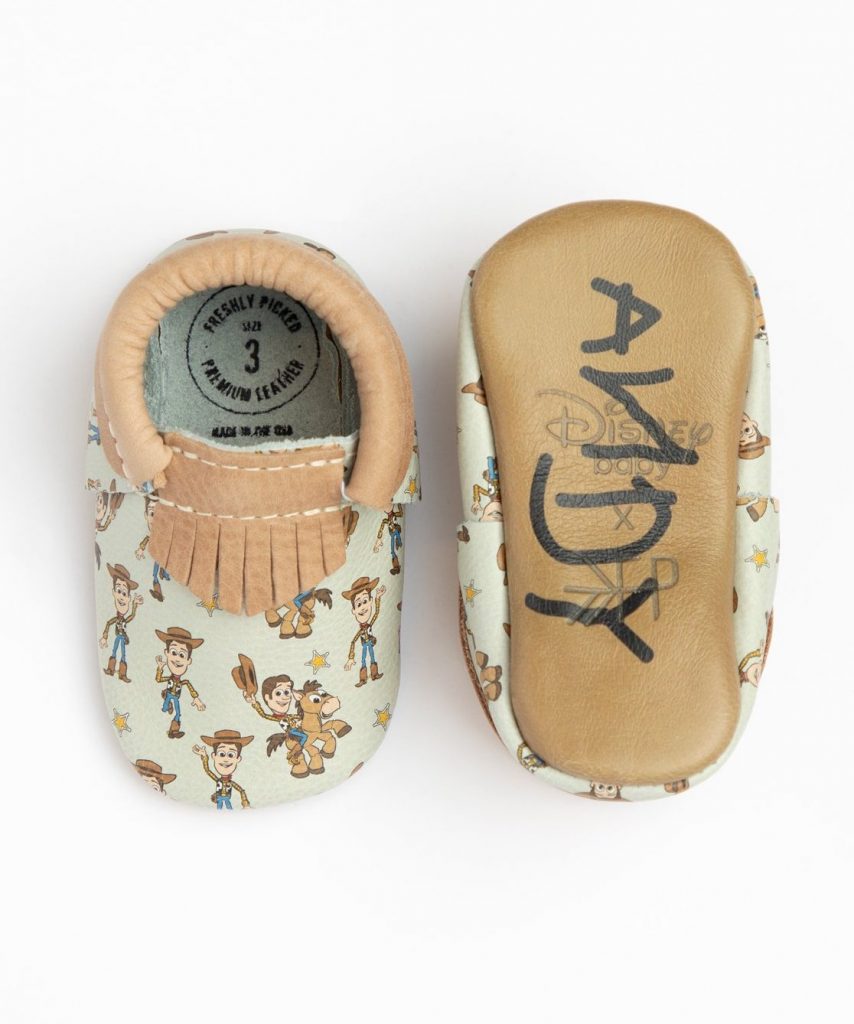 The new Toy Story baby mocs come in lots of styles with favorite characters, like this retro-looking Woody moc