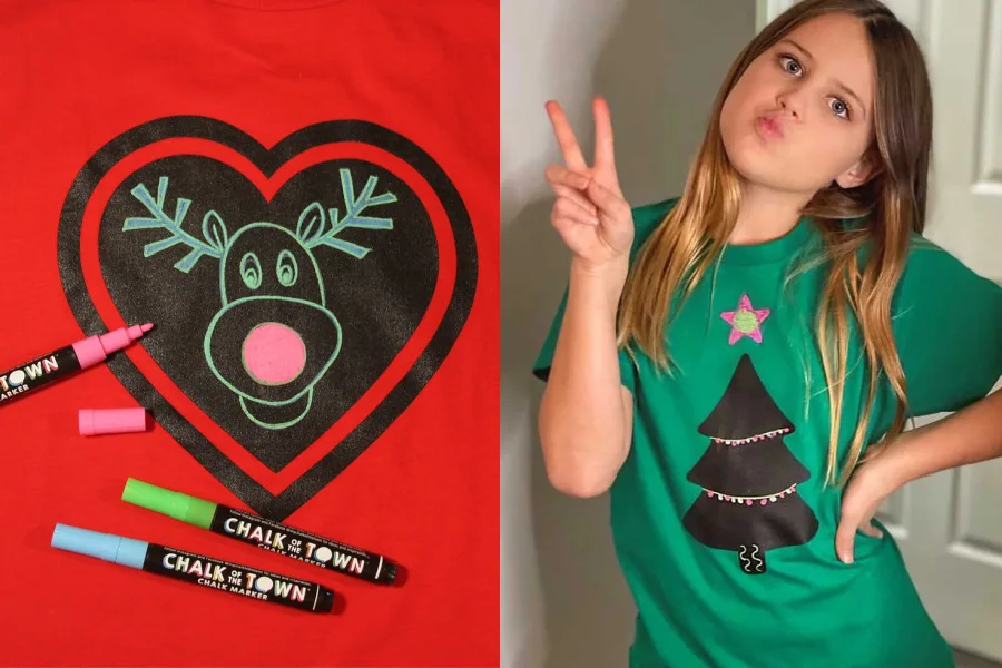 Washable design-your-own chalkboard tees in holiday styles from Chalk of the Town