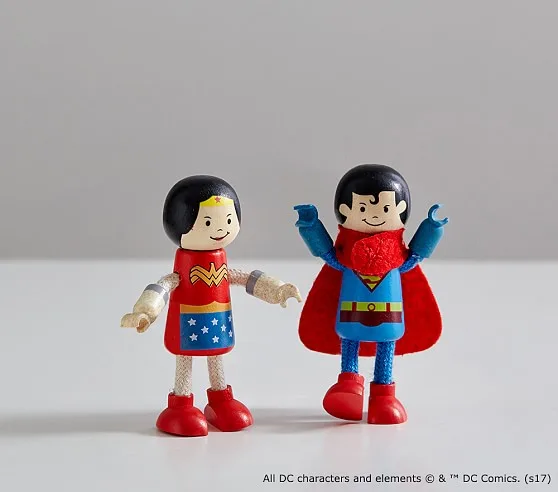 Birthday gifts for preschoolers under $15: Superman and Wonder Woman Wooden Figurines at Pottery Barn Kids